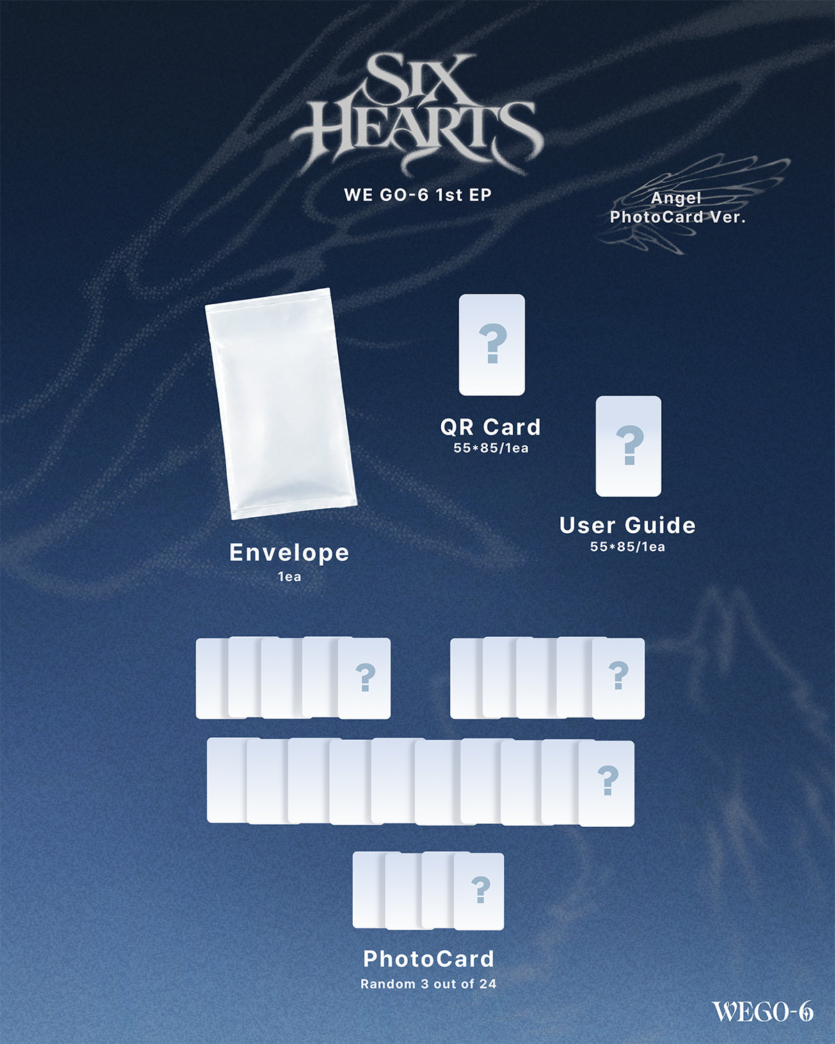 WE GO-6 SIX HEARTS Angel PhotoCard Ver. package contents and dimensions
