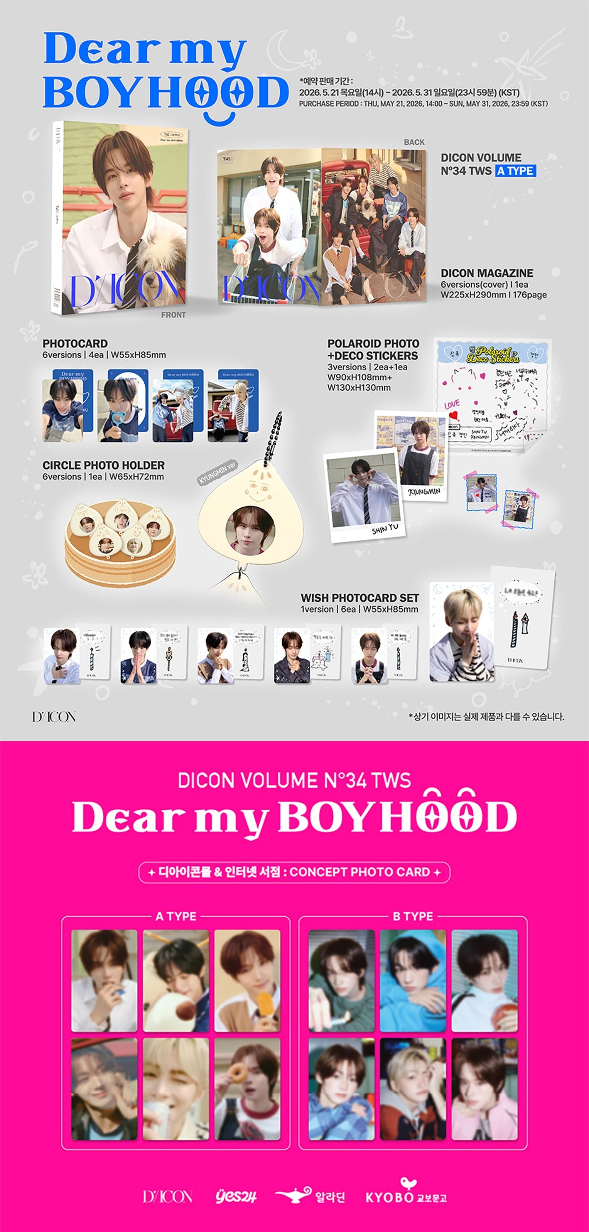 TWS DICON N°34 Dear My Boyhood A-Type spec sheet, package contents and pre-order concept photocards